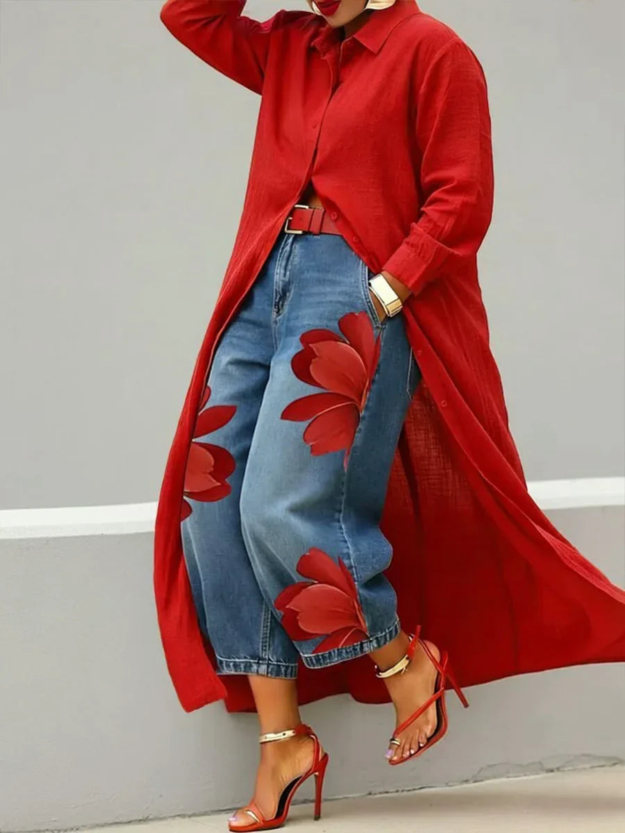 Women's Linen Shirt Dress and Floral Jeans Set