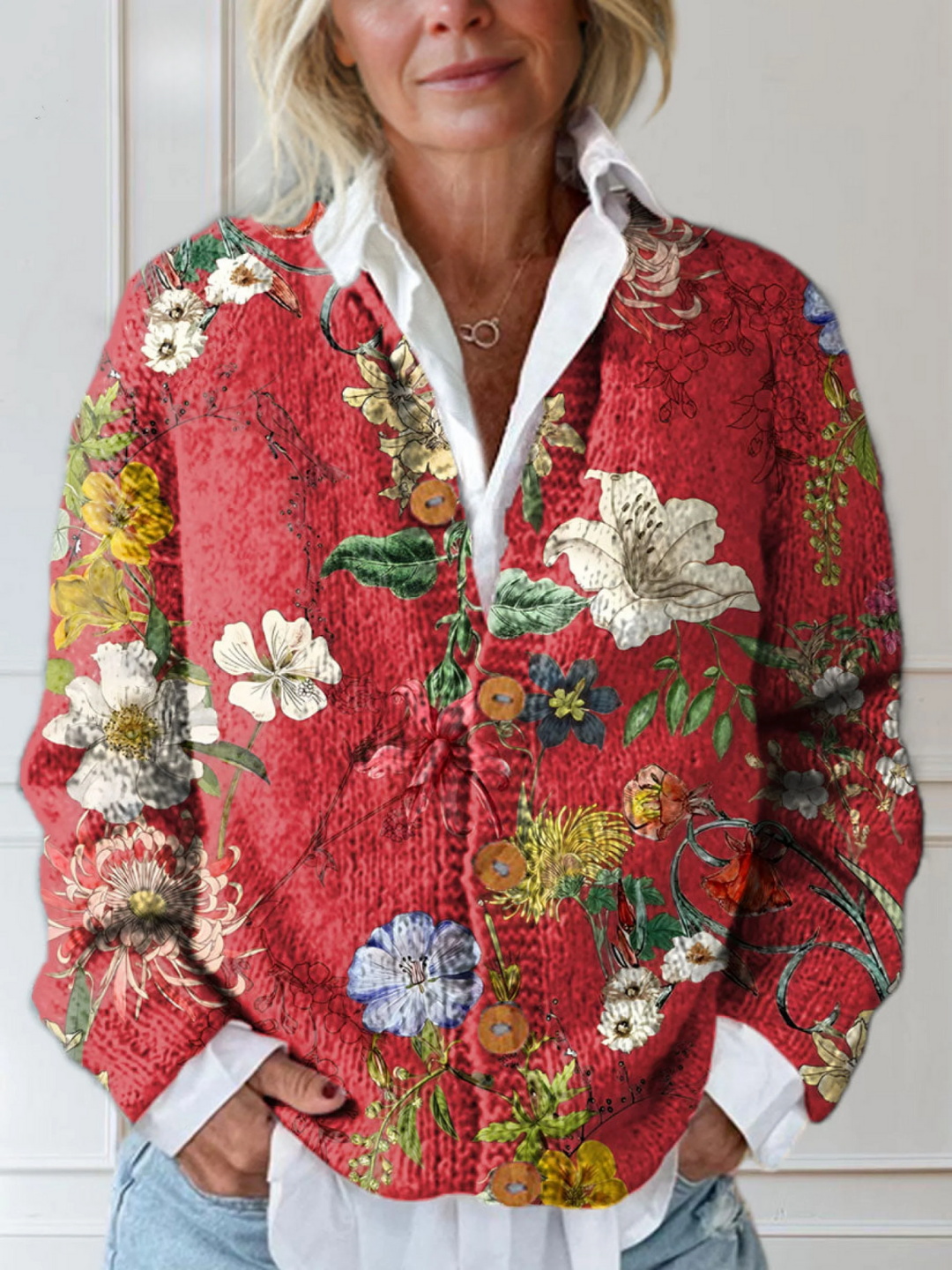 Women's Vintage Floral Print Knit Cardigan - Red