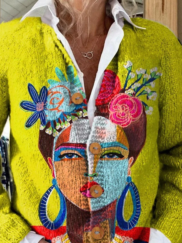 Women's Portrait Art Print Knit Cardigan - Multicolor