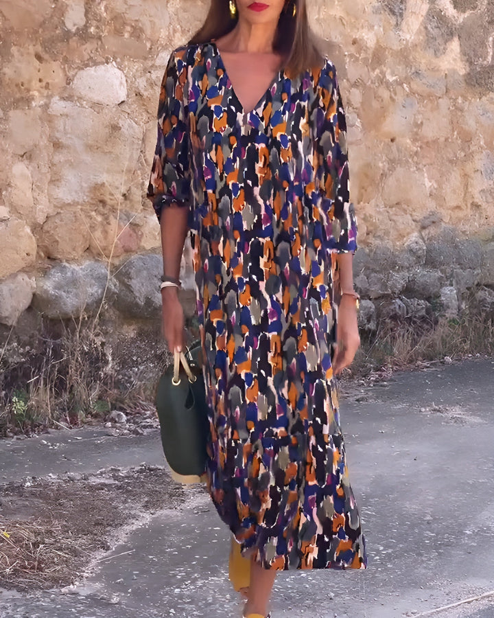 Women's Retro Print Balloon Sleeve Dress