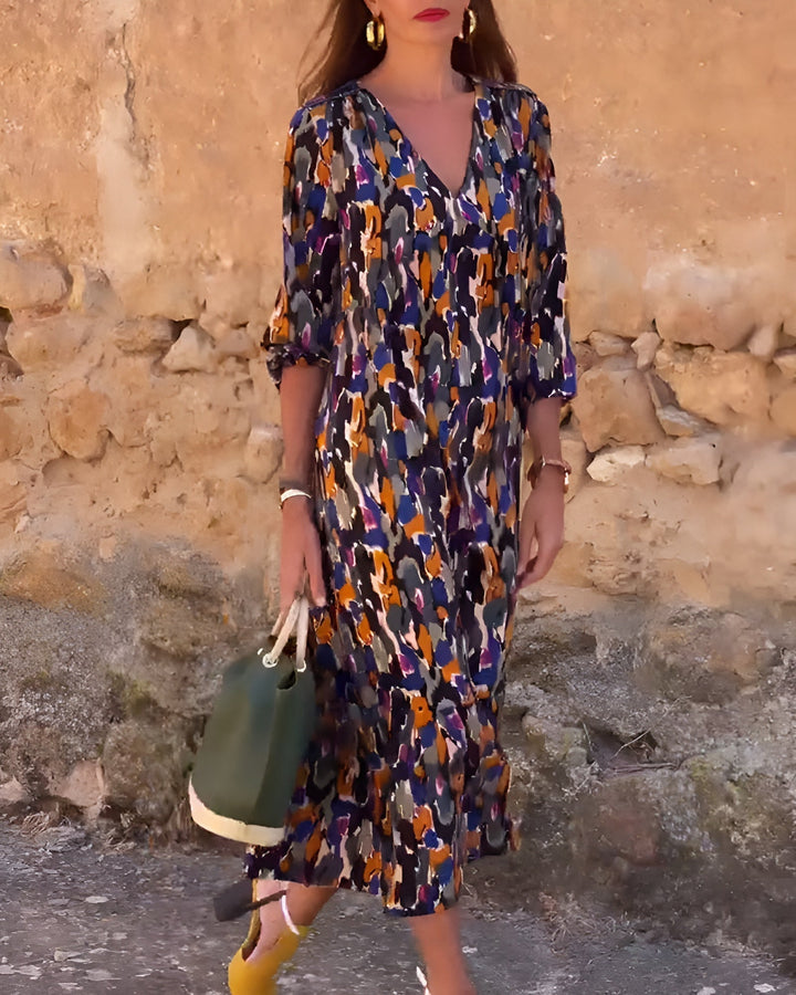 Women's Retro Print Balloon Sleeve Dress