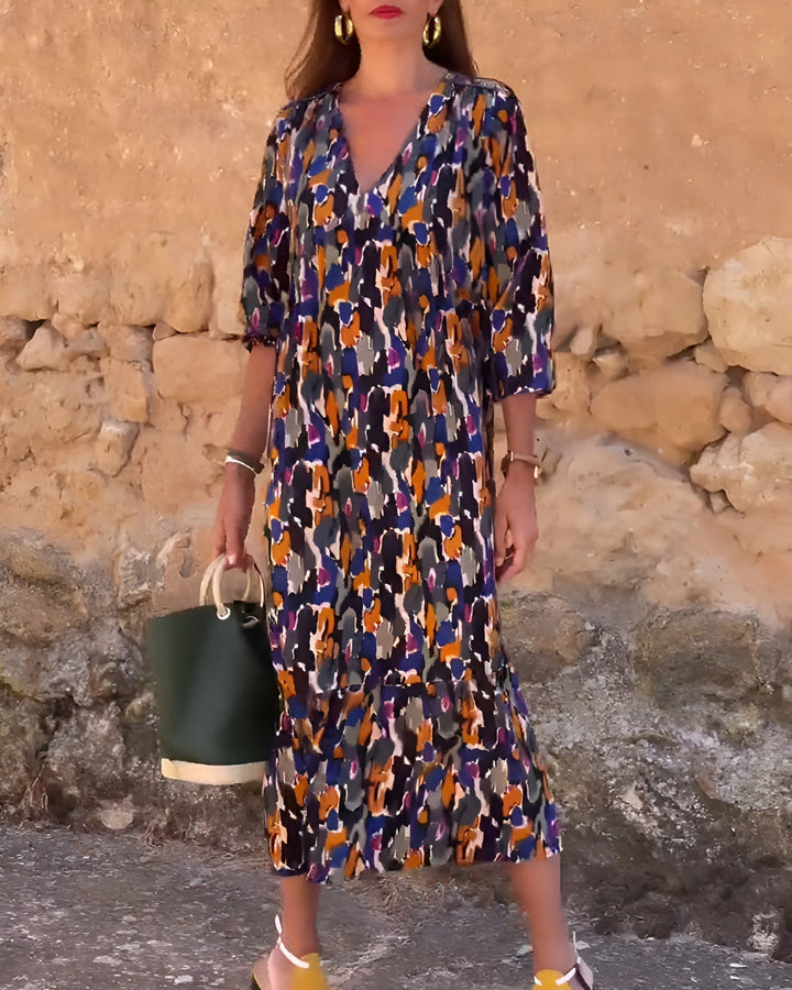 Women's Retro Print Balloon Sleeve Dress
