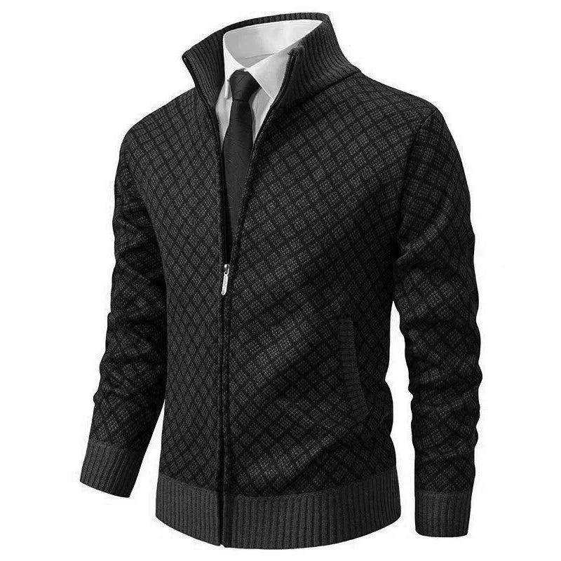 Men's Waffle Knit Stand Collar Zip Sweater