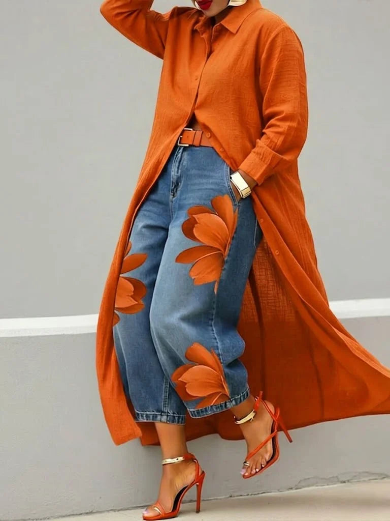 Women's Linen Shirt Dress and Floral Jeans Set