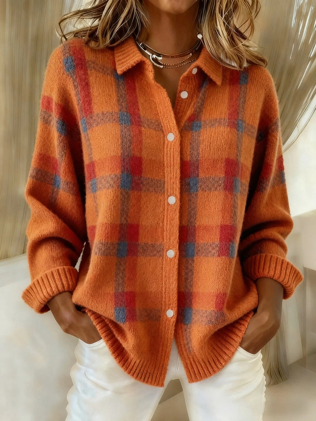 Women's Oversized Tartan Button Front Sweater