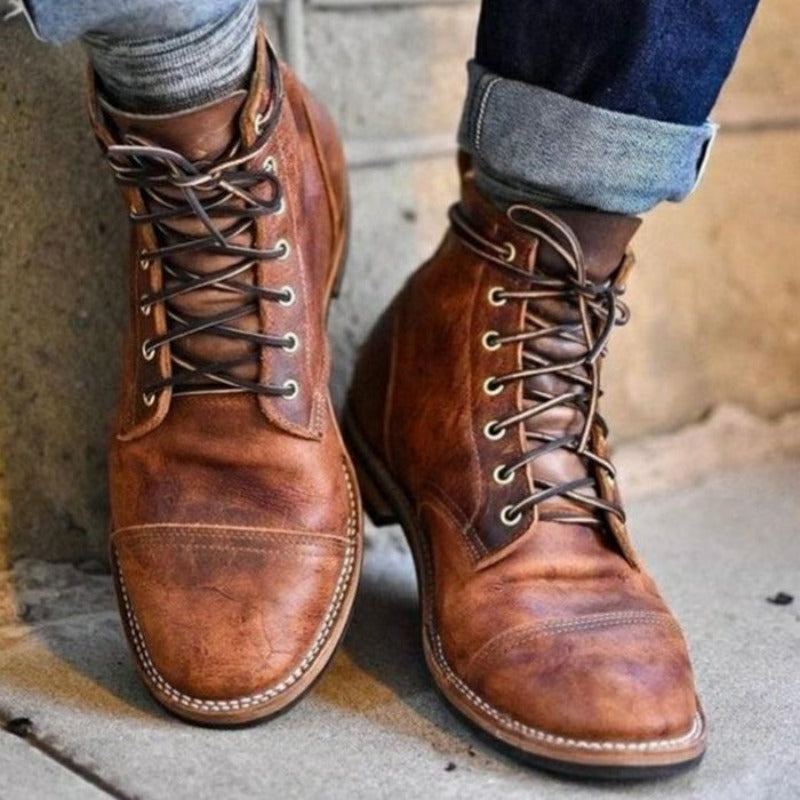 Men's Leather Cap Toe Lace Up Ankle Boots - Brown