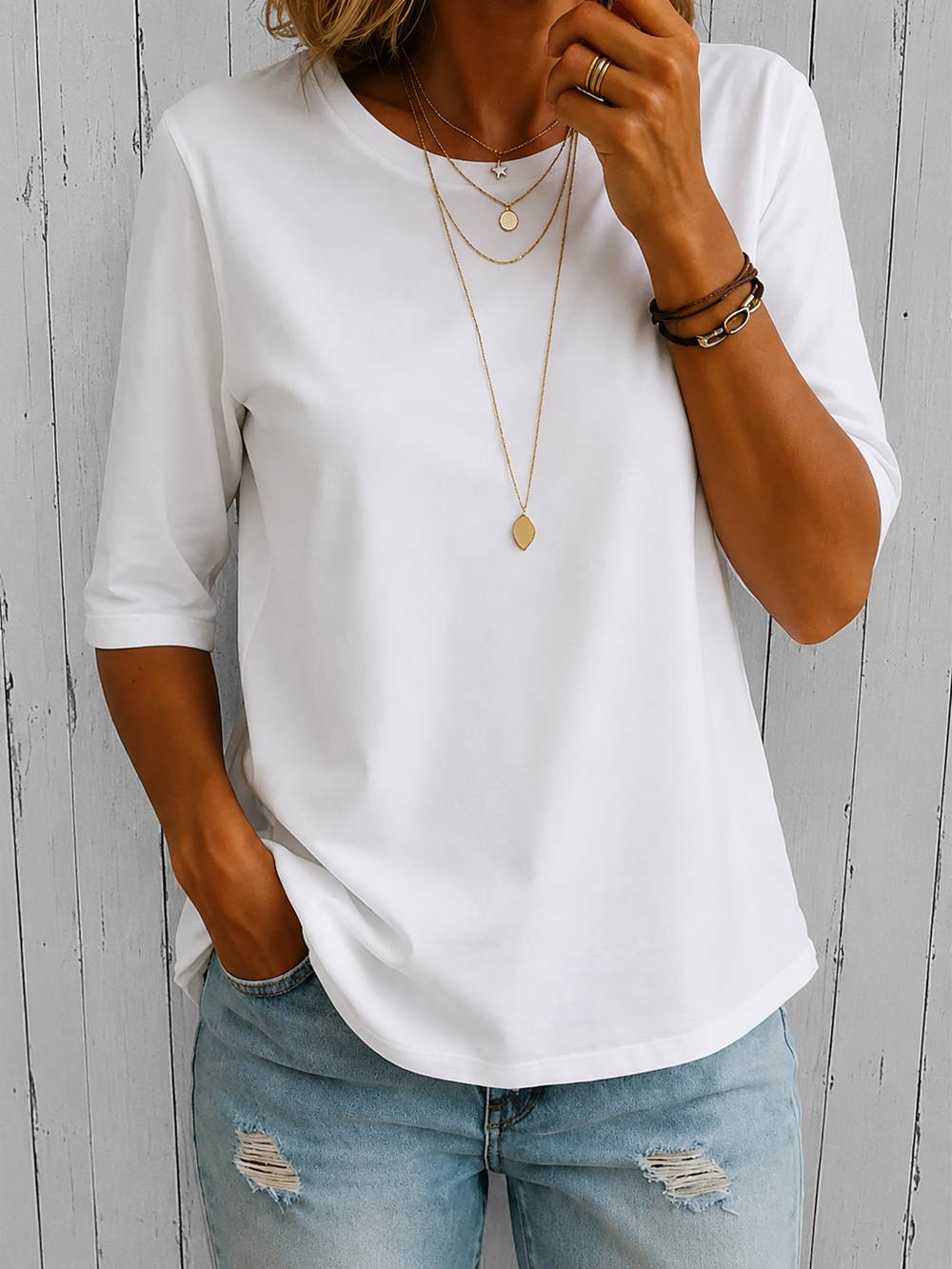 Women's Round Neck Elbow Sleeve Top