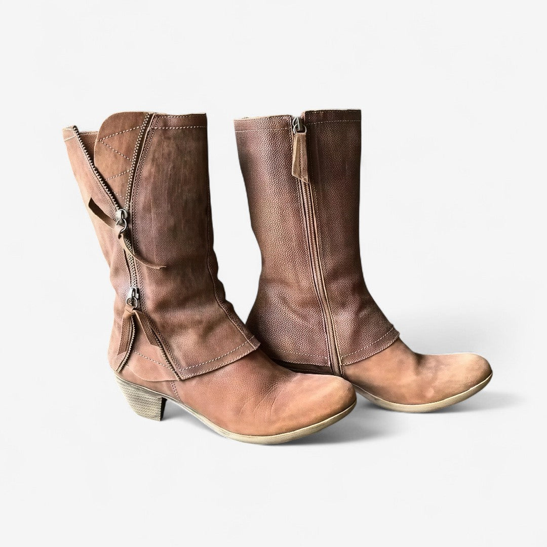 Women's Block Heel Mid Calf Boots - Brown