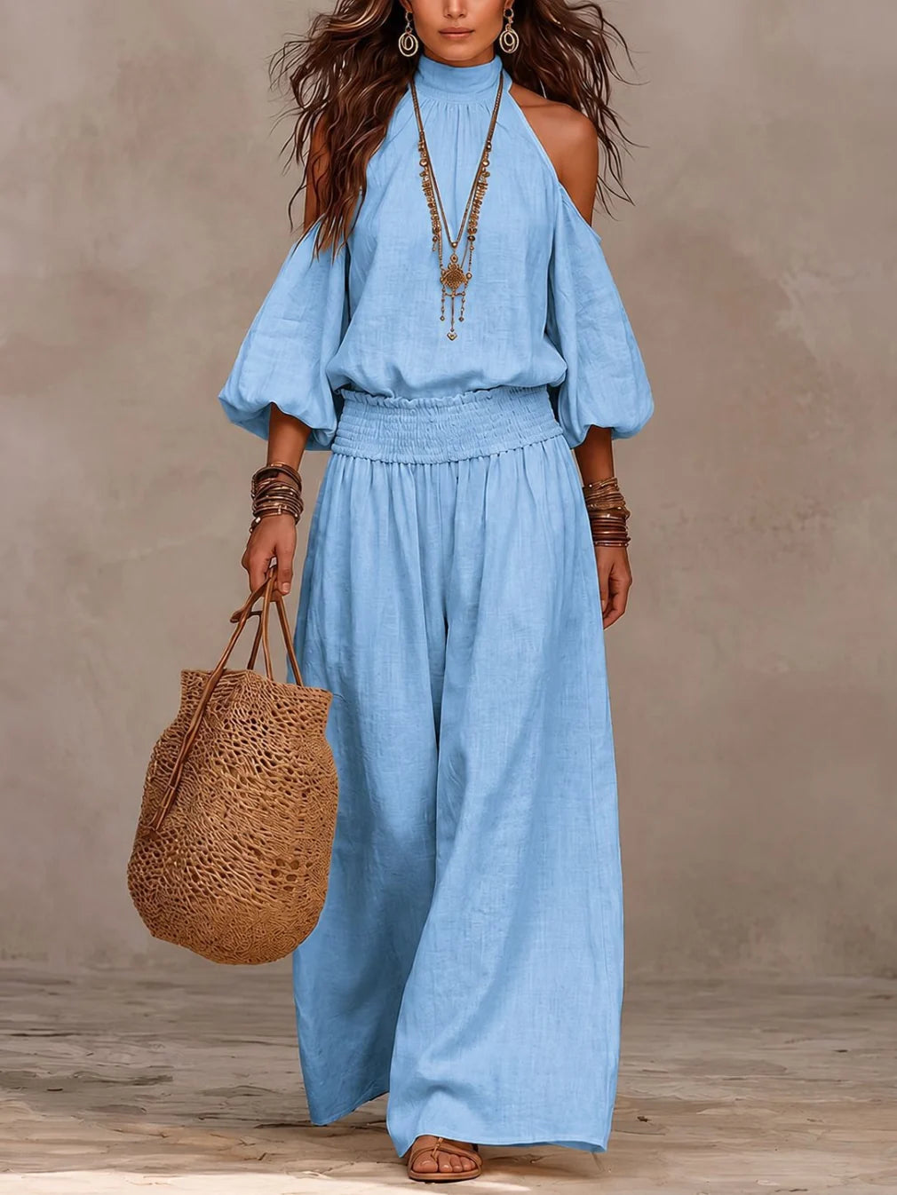 Women's Wide Leg Puff Sleeve Jumpsuit