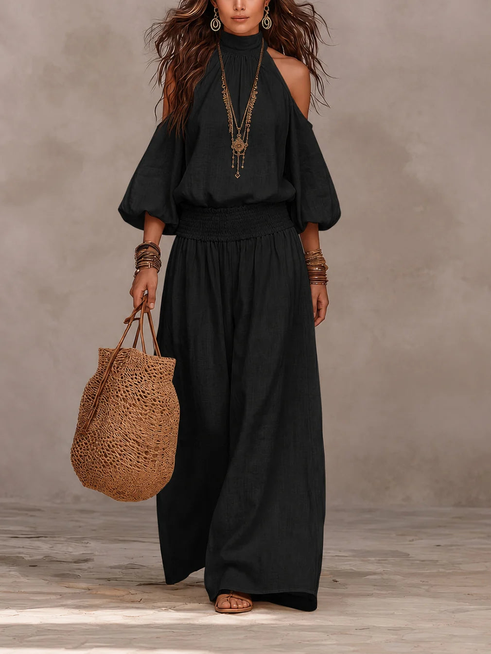 Women's Wide Leg Puff Sleeve Jumpsuit
