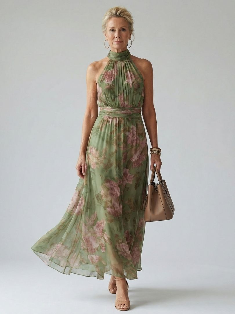 Women's Floral Halter Neck Midi Dress