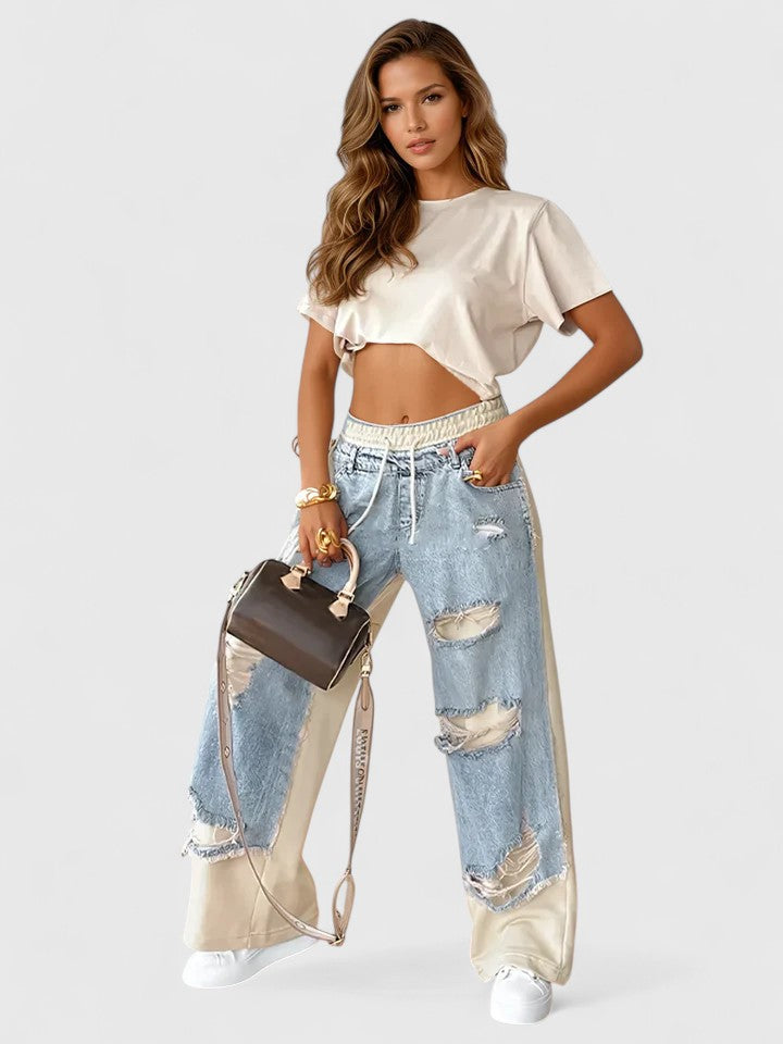 Women's Distressed Denim Panel Sweatpants