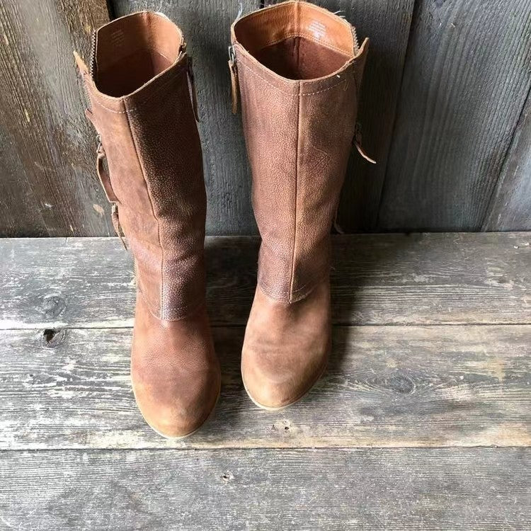 Women's Block Heel Mid Calf Boots - Brown