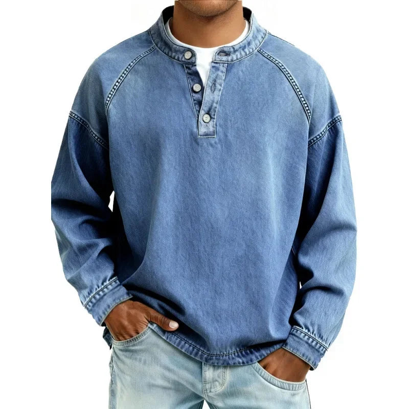 Men's Washed Stand Collar Henley Shirt
