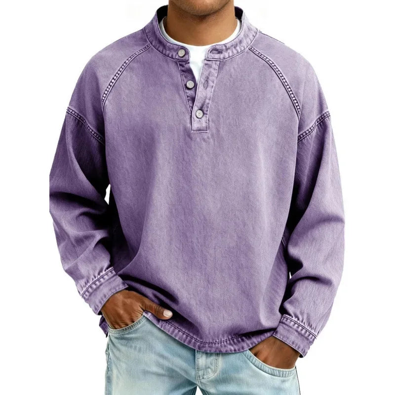 Men's Washed Stand Collar Henley Shirt
