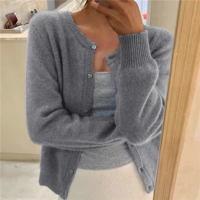 Women's Cropped Round Neck Button Cardigan