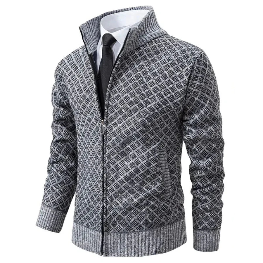 Men's Waffle Knit Stand Collar Zip Sweater