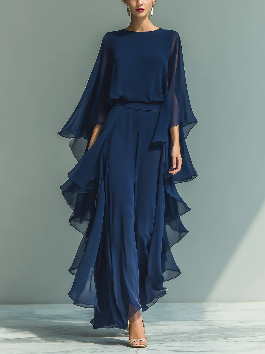 Women's Chiffon Flared Sleeve Two Piece Set