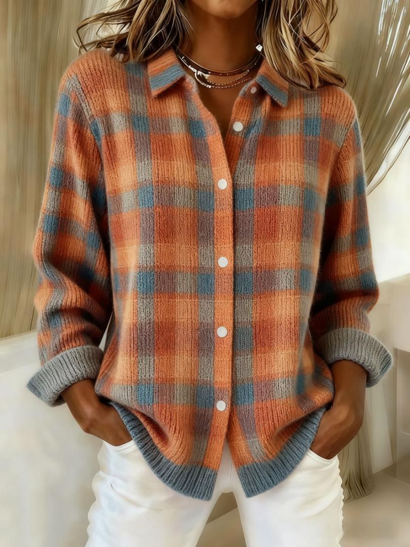 Women's Checkered Long Sleeve Knit Cardigan - Orange