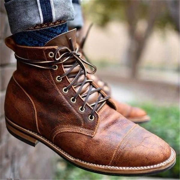 Men's Leather Cap Toe Lace Up Ankle Boots - Brown
