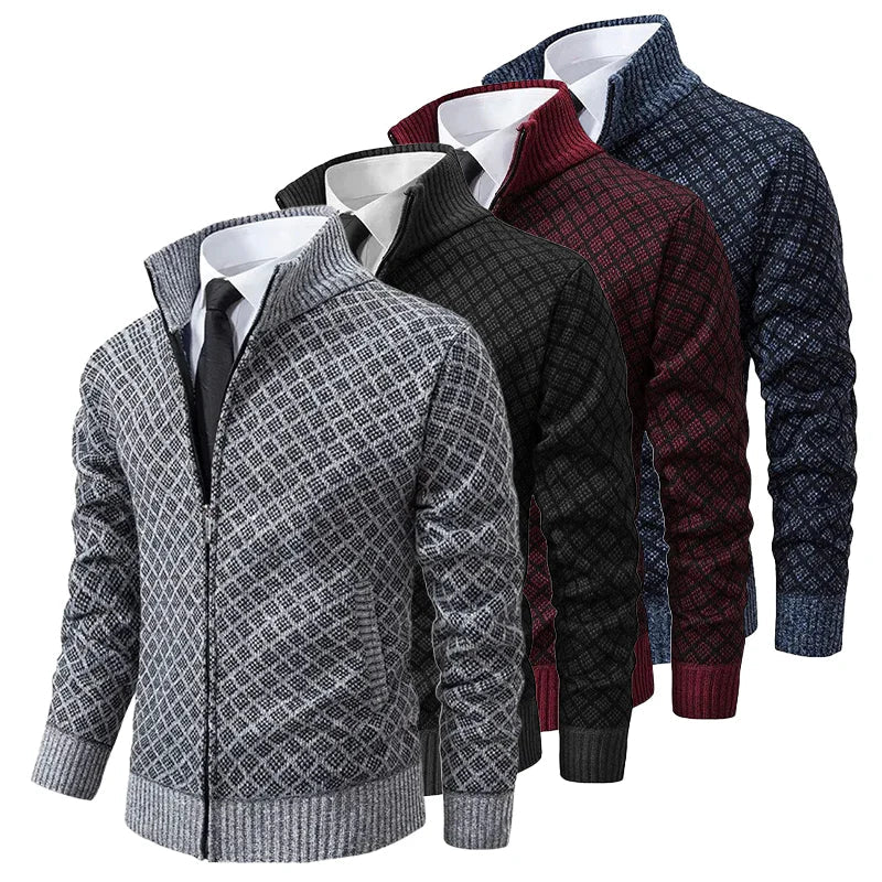 Men's Waffle Knit Stand Collar Zip Sweater