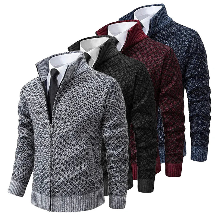 Men's Waffle Knit Stand Collar Zip Sweater