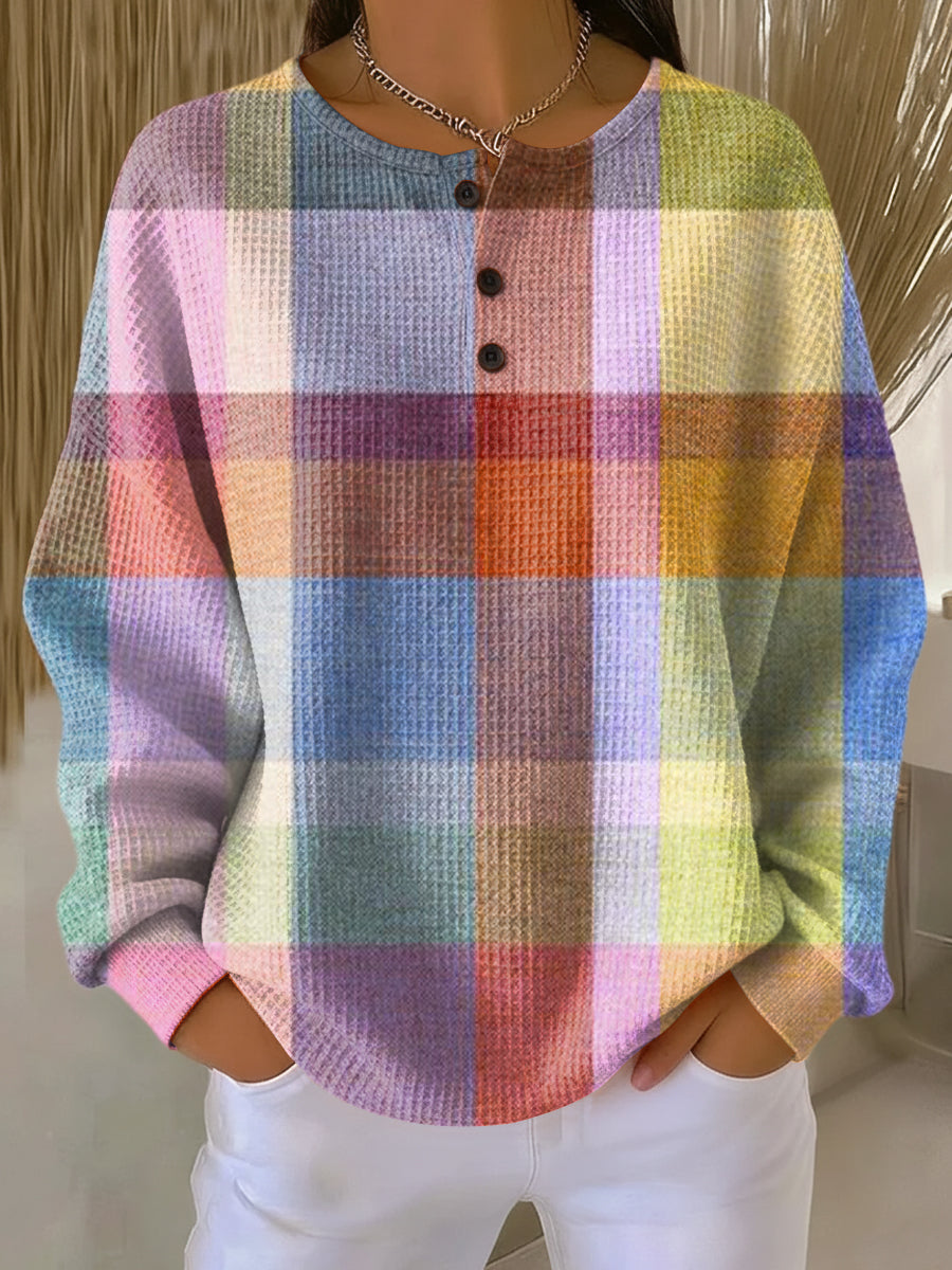 Women's Checkered Henley Long Sleeve Sweater - Multicolor