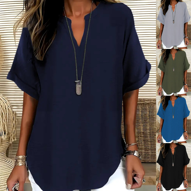 Women's Roll Sleeve V Neck Blouse
