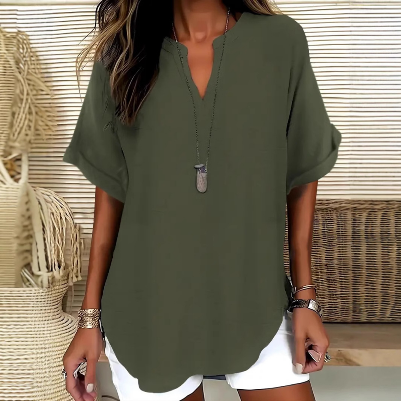 Women's Roll Sleeve V Neck Blouse
