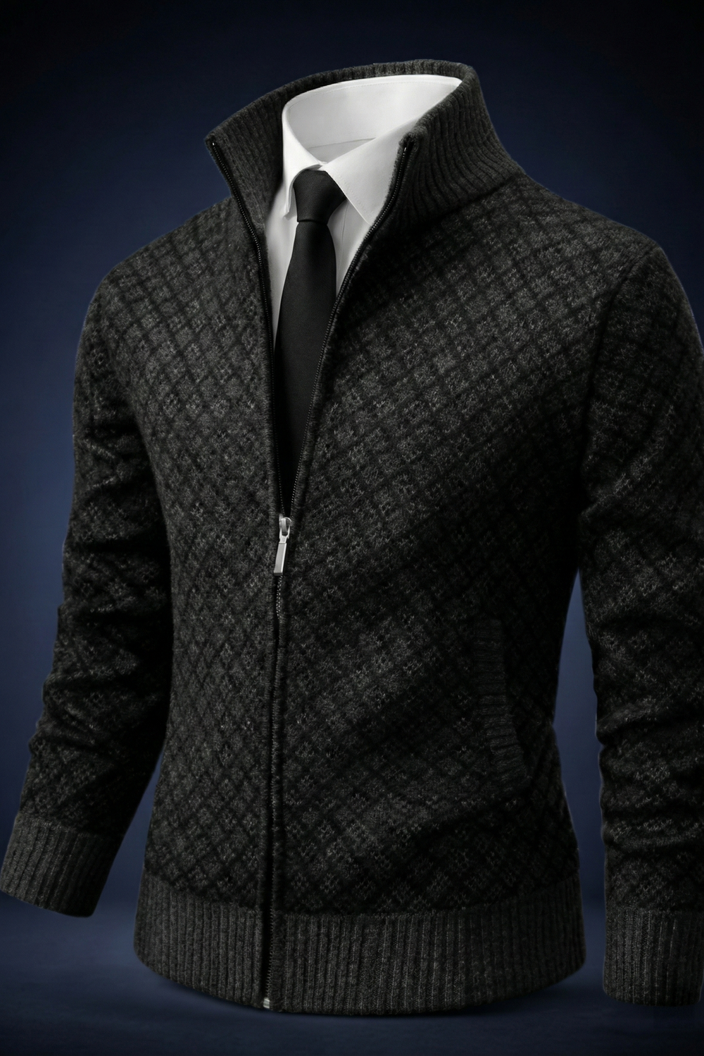 Men's Waffle Knit Stand Collar Zip Sweater